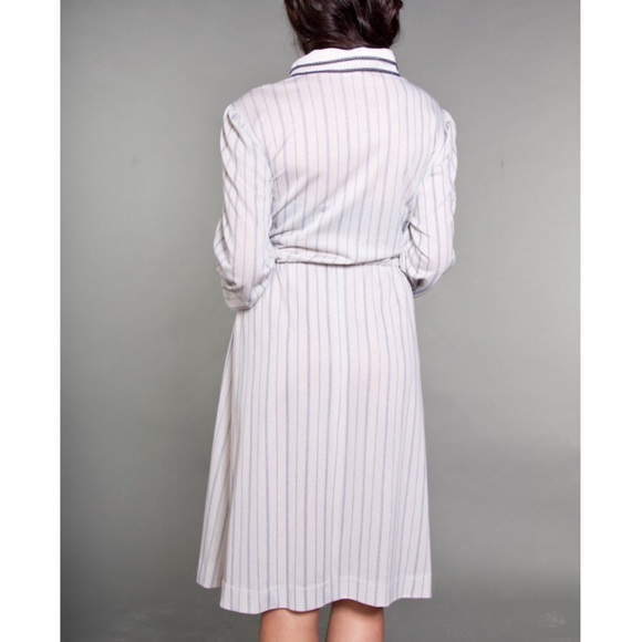 Vintage 70s Navy Gray Pinstripe Pussybow Dress - Picture 2 of 6